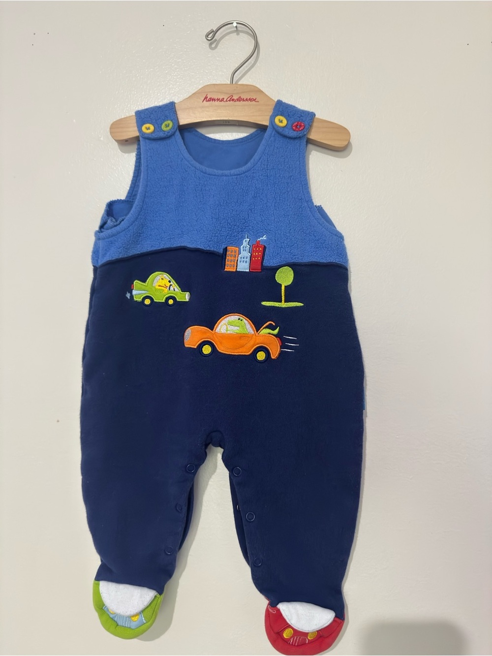 Vintage Le Top Blue and Navy Cars Appliqué Overalls